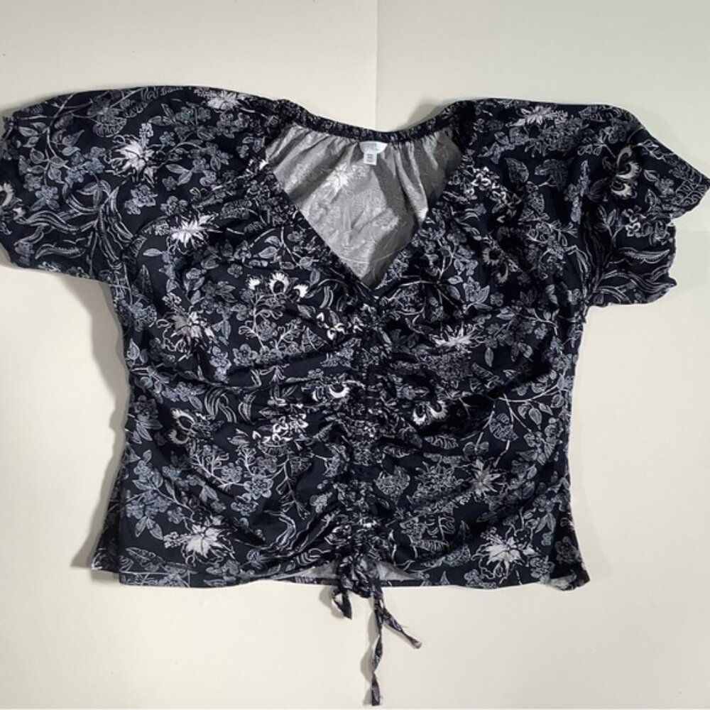 Time and Tru Blue and White Ruched Tie Front Blouse